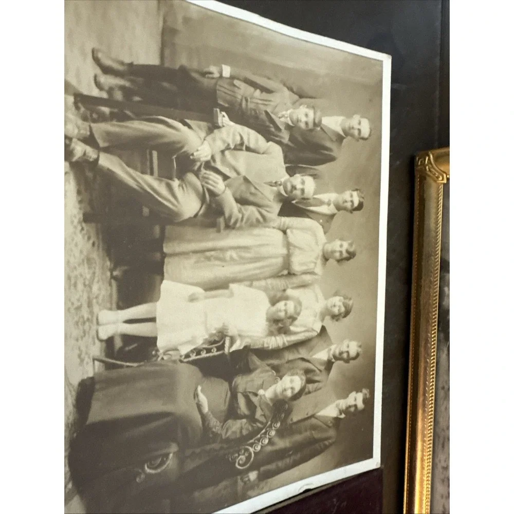 Antique Framed Family Group Photograph Picture Writing On Back 1919 Brass Frame